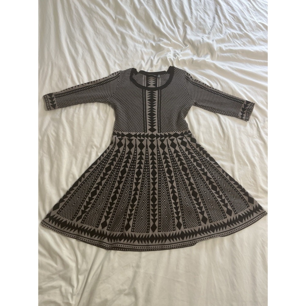 Nina Leonard Sweater Dress Women's Large Black Brown Geo Print Rayon Round Neck